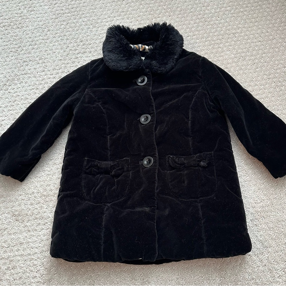 Cherokee Black Velvet Coat With Faux Fur Collar & Satin Leopard Print Lining - Picture 1 of 5